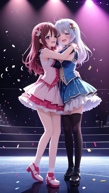((two anime idol girls)), hugging each other tightly, both girls visible, standing side by side on a concert stage, tears of joy, smiling, confetti in the air, emotional moment after performance, frilly stage costumes, dramatic lighting, sparkling accessories, (full body), (medium shot), masterpiece, ultra-detailed, anime style
