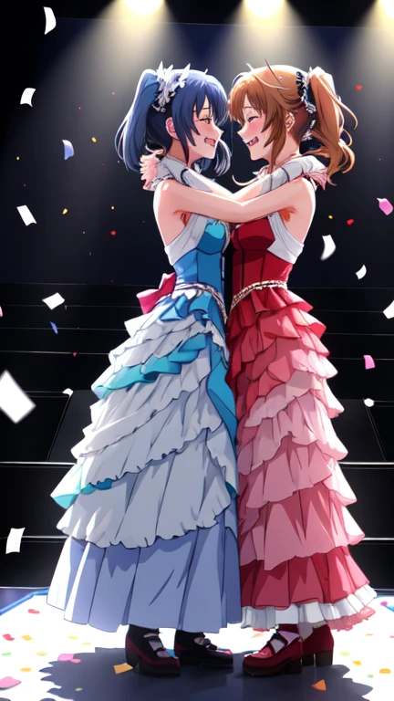 ((two anime idol girls)), hugging each other tightly, both girls visible, standing side by side on a concert stage, tears of joy, smiling, confetti in the air, emotional moment after performance, frilly stage costumes, dramatic lighting, sparkling accessories, (full body), (medium shot), masterpiece, ultra-detailed, anime style
