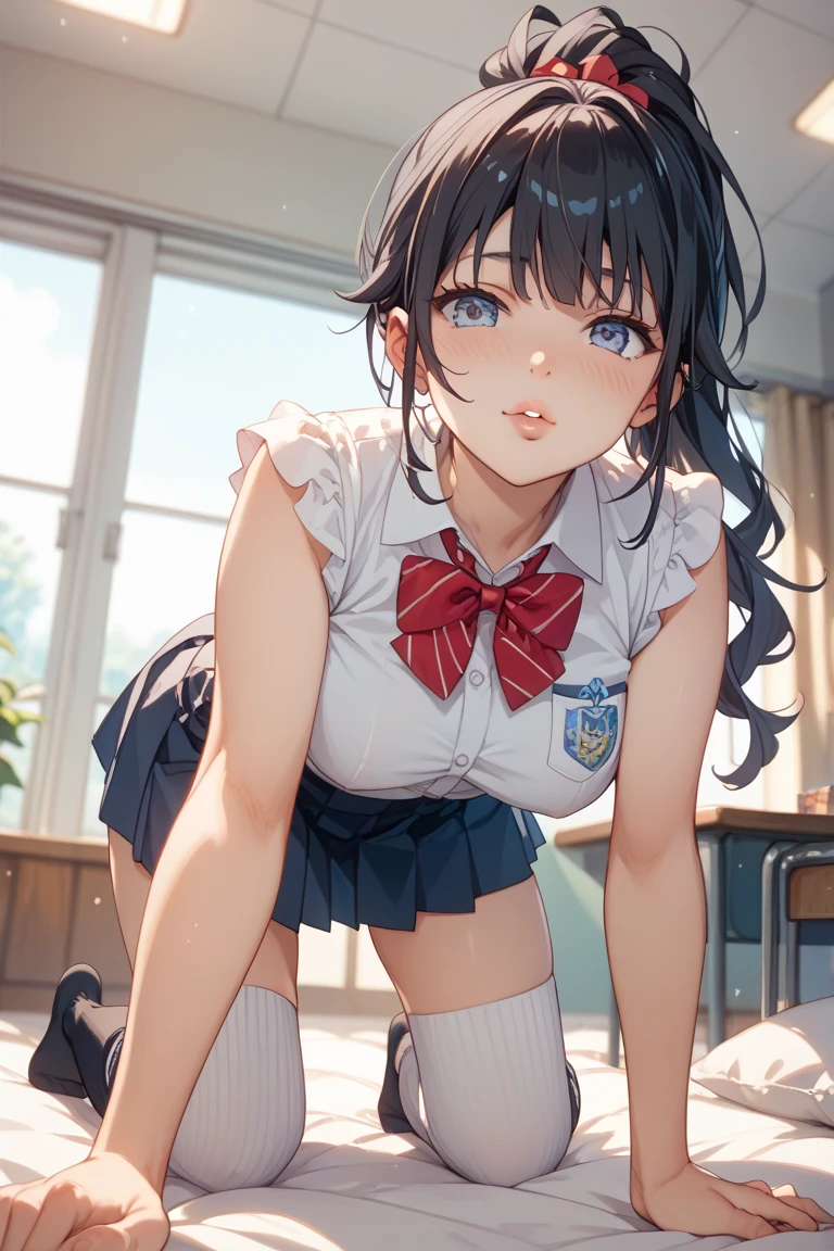 masterpiece, best quality, ((beautiful detailed eyes):1.3), (((16years old))), blue eyes, black hair, short hair, blue hair ribbon, blue headband,large boob, ((cleavage)), ((extremely delicate and beautiful fabric):1.3), looking at viewer, (seductive orgasm smile), blush, slender, slim, very clear, ((masterpiece, best quality, ultra-detailed):1.5), ((an extremely delicate and beautiful)), ((((illustration)))), (realistic:0.6), (extremely detailed skin), ((ultra-detailed:1.35)), detailed fingers, absurdres, intricate, (1girl), ((solo)), ((glistening skin)), (((oily skin))), ((wet skin)),(((cute face))),slender、(sailor uniform:1.5)、(((class room)))、(((side tie panties)))、(skirt lift:1.5)、(Kneeling pose:1.5)