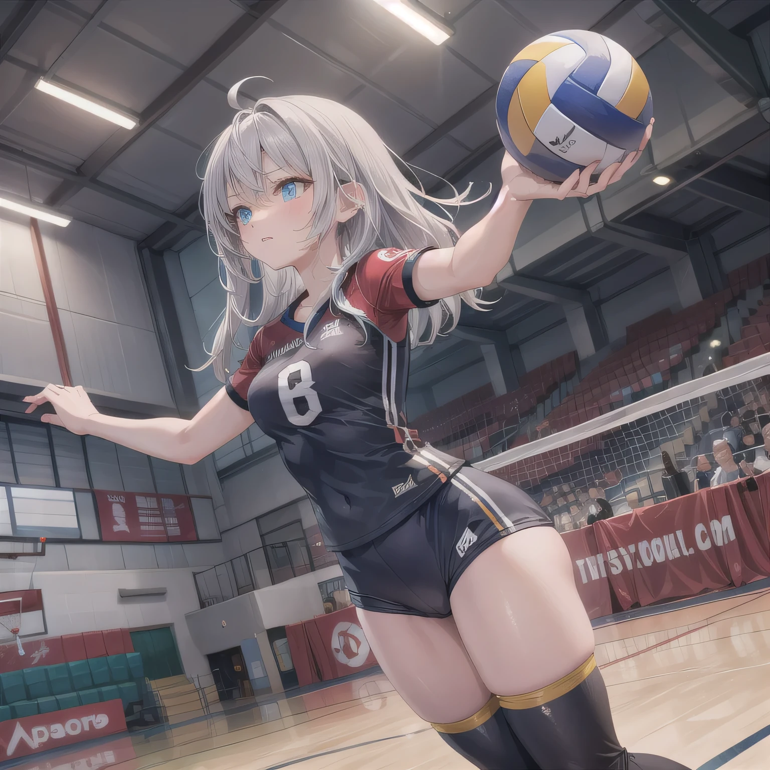 <lora:volley_uniform:0.5> volley_uniform, inside volley ball field, holding_ball,, ultra detailed, masterpiece, best quality, aesthetic, detailed,, serious, 1girl, (white eyes:1.1), (grey eyes:1.3), white hair, very long hair, parted hair, parted bangs, <lora:parted_hair_v1.3:1.3>, medium breasts,