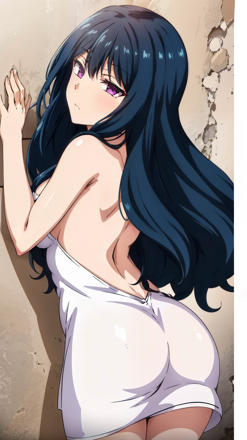 1girl, blue hair ,blue dress, long dress, strapless dress, backless dress, long white elbow gloves, smile, light red lipstick, dark purple eye shadow, makeup, black choker, cowboy shot