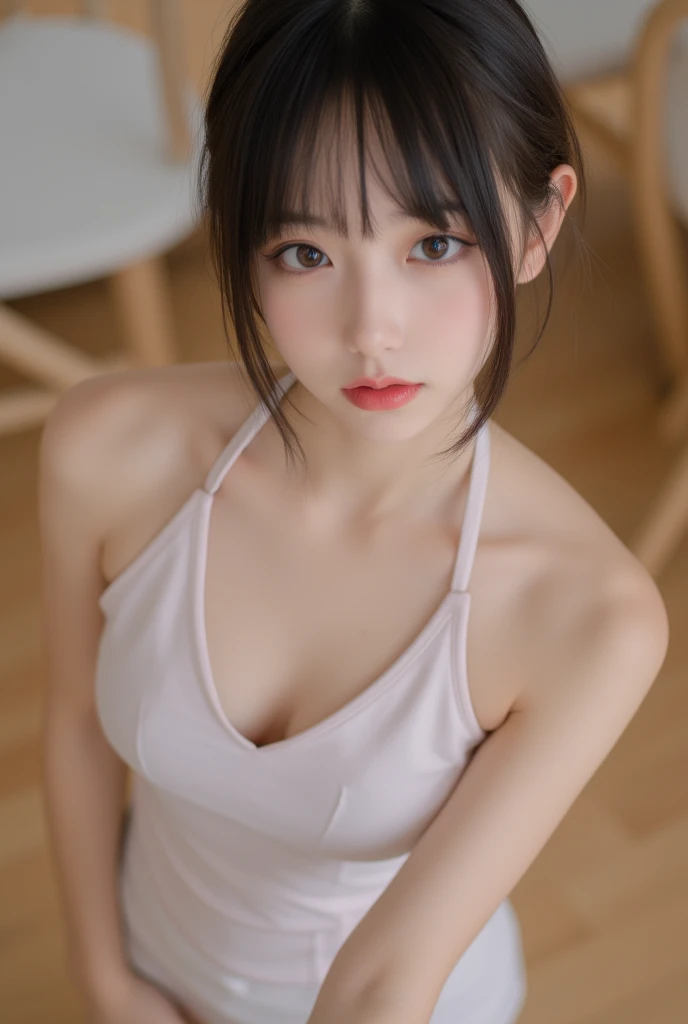 masterpiece, Best Quality, High resolution, 4k, detailed, korean girl, korean face, K-pop idol, gentle face, pastel pink dress, light pink dress, bows in hair, pink bows, long hair tied in a high ponytail, black, big breasts, marked clavicle, small waist, Wide hips, big thighs, pose linda, selfie, natural image, realistic image.