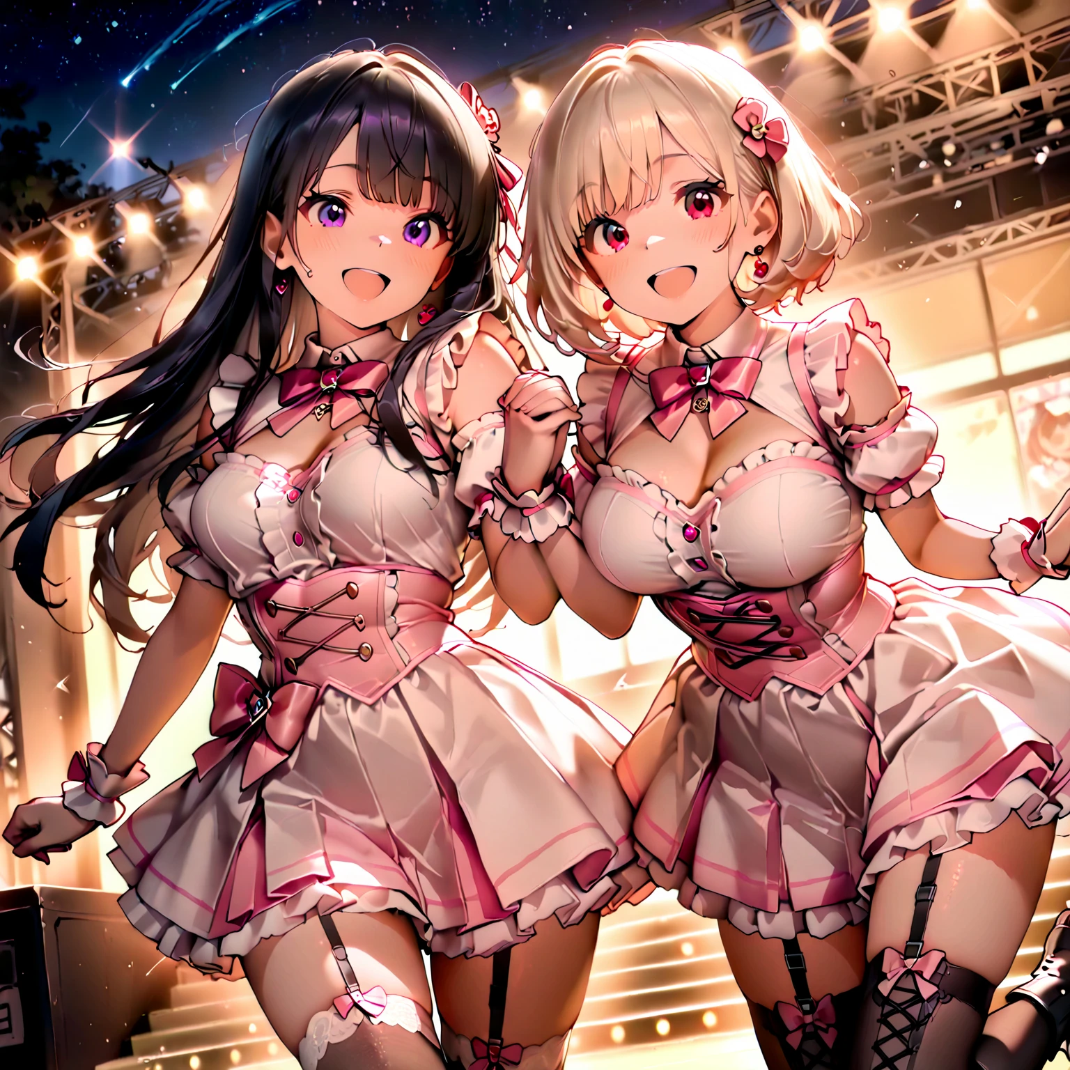 masterpiece, Highest quality, Beautiful face and eyes in every detail, Two Girls, Cute idol, Cool Idol, Event Stage, Cool idol costumes, sing, Laughter,(hyper Huge breasts:1.8)(shirtlift:1.8),(nipple:1.3),(Top view:1.4),(Side by side:1.7),(slouch:1.7),(Accentuate the cleavage:1.8),nsfw,(tits