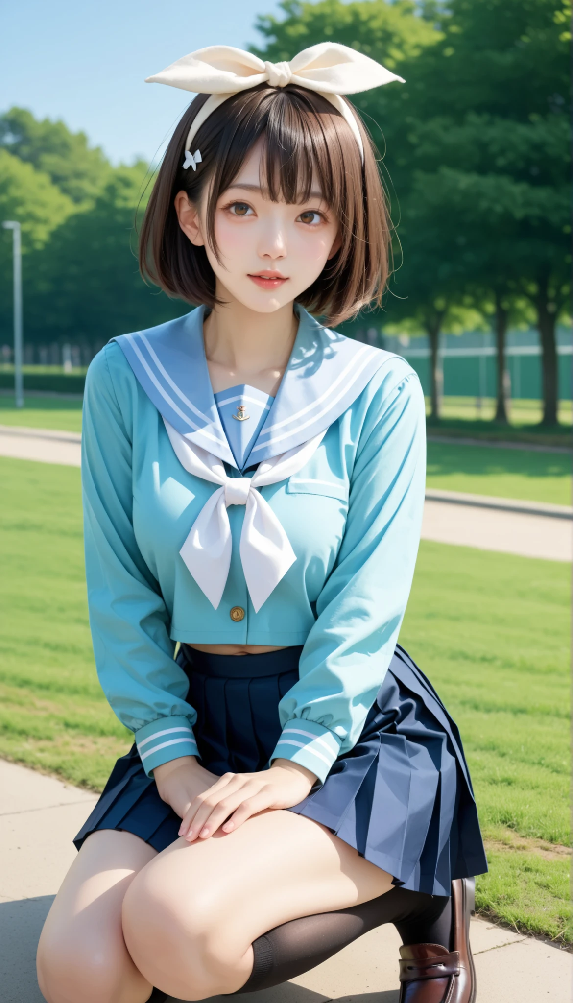 score_9, score_8_up, score_7_up, score_6_up, Source_ 1girl, solo, PMMly, dark haired, brown eyes, short hair, hair bow, white bow , Light Blue Shirts, sailor color, neckerchief, Burberry Check Skirts, Pleated Skirt, black knee high socks,Brown Loafers,is watching you, Big breasts, Green Park,Before spraying,blue sky,