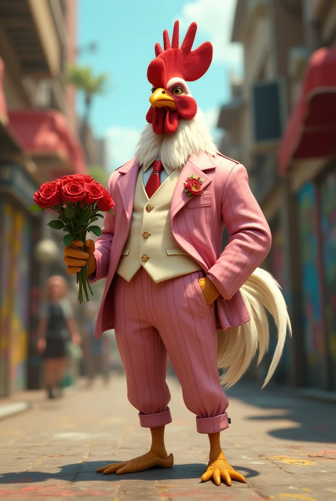 Liminal Space, Dream Core, Nostalgia Core, Anemoia, Kenopsia, Art Deco architecture, Baroque Architecture, Bara Furry, Anthropomorphic Rooster, Big Pecs, Broad Shoulders, Dad Bod, thickly muscled thighs, wearing suit, big bulge, mayor, Soft colors, vivid colors, pastel colors, soft shading