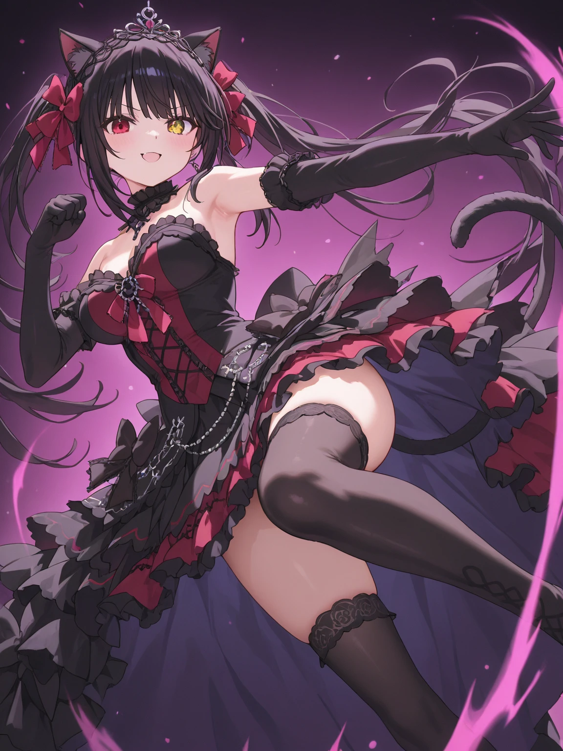 ((best quality)), ((masterpiece)), (detailed), ((highres)), In lavish manor library, extremely long black hair. Fluffy black cat ears. Long black cat tail on butt, 1catgirl, 20 year old, slim body, controlling, dominant pose, snickering, naked. Heterochromatic eyes, one red eye, one gold eye. No shoes, black fishnets, nude, no clothes, anime, short, provocative