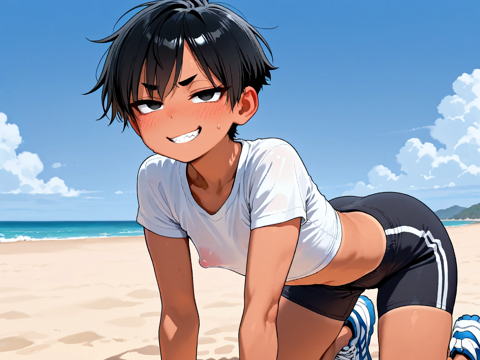 (young girl ,short stature,gyaru)) ,flat chest,black hair,nsfw,plump,(((Short pants triangle bikini))),,beach,many boys surround,penis,stand,,lock side