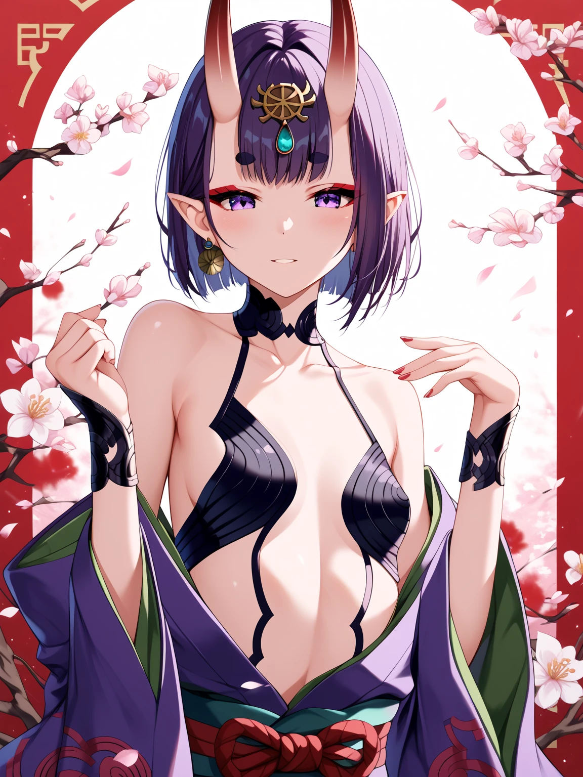 Shuten Douji,(absurderes, 8K, 4K, masutepiece, hyper extreme detailed:1.2), Best Quality, Perfect Anatomy,Perfect face,NSFW,young girl,purple eyes,facing forward,short hair,purple hair,(demon horn:1.1),purple kimono,(very flat chests:1.3),in the forest,Cherry tree,shrine,honeycomb smile