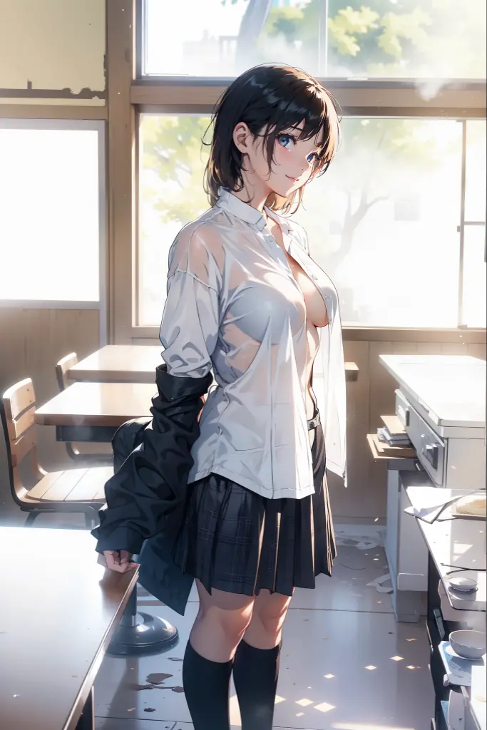 masutepiece, Best Quality, hight resolution, nffsw, Perfect Pixel, 4K, nffsw, nffsw, 1girl in, Single, Solo, Beautie、full body seen、 Middle Wave Hair, Bangs, Brown hair, Brown-eyed, Beautiful eyelashes, Realistic eyes, Detailed face, Blushing:1.2, Smooth texture:0.75, Realistic texture:0.65, Photorealistic:1.1, Anime CG style, medium breasts, Dynamic Angle, Perfect body, School uniform, , White shirt, (Unbuttoned shirt) Black skirt, plaid skirts, Bare legged、bright room in school classroom、sit on desk、(my underwear was on the floor at my feet..)、Angle from above、Very embarrassing panic smile、、(Cute floral bra and panties)、