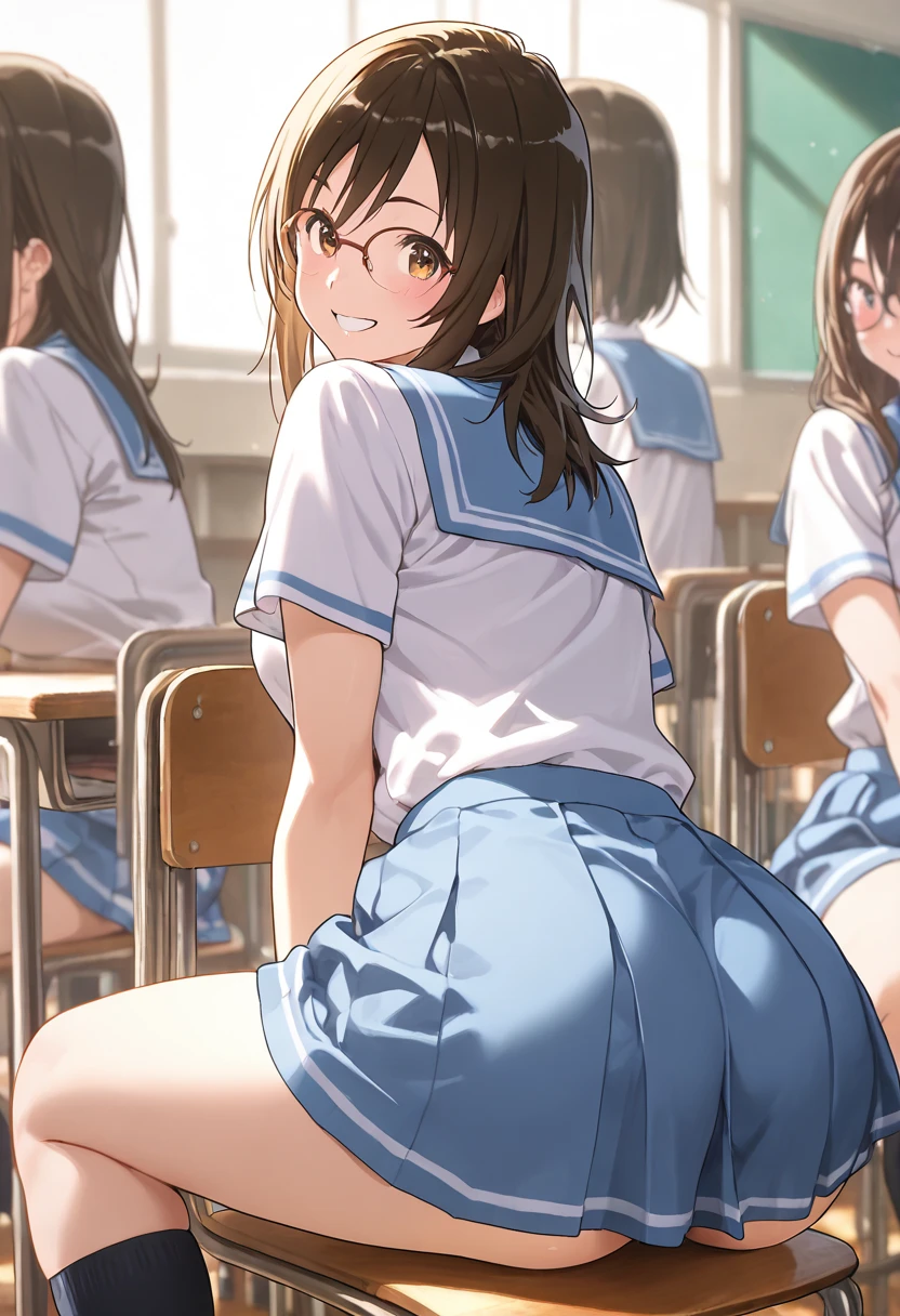 1girl, solo, blush, short hair, bangs, blue eyes, skirt, brown hair, shirt, long sleeves, underwear, , standing, panties, ass, thighs, pleated skirt, serafuku, looking back, indoors, black skirt, sailor collar, clothes lift, from behind, white panties, blue skirt, neckerchief, black shirt, chair, looking away, skirt lift, red neckerchief, desk, black serafuku, classroom, school desk, chalkboard