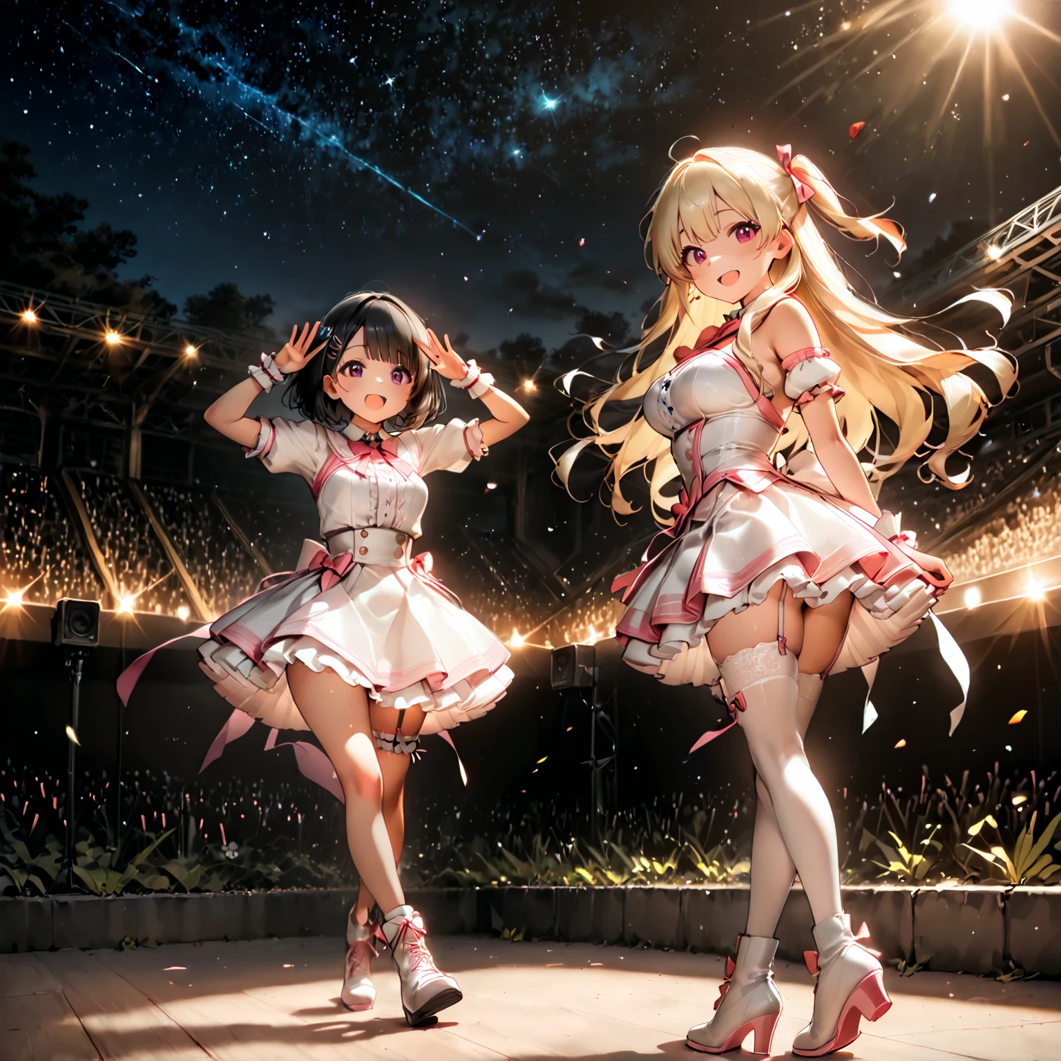 masterpiece, highest quality, ultra high resolution,, 2 girls, looking at the audience, beautiful face, beautiful eyes,, raise your head,, shiny hair, shiny skin, glowing cut, Little, Finger proportion coordination