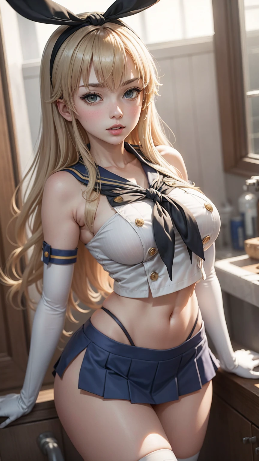 (masterpiece, best quality:1.2),illustration,8k,hd,1girl,solo,upper body,(portrait:1.2),long_hair,blonde_hair,elbow_gloves,underwear,striped_thighhighs,white_gloves,smile,navel,yellow eyes,highleg_panties,black_panties,anchor_hair_ornament,highleg,blush,school_uniform,crop_top,sailor_collar,hairband,hair_ornament,serafuku,miniskirt,pleated_skirt,blue_skirt,sleeveless,bare_shoulders,hair_between_eyes,grey_footwear,microskirt,midriff,neckerchief,collarbone,smug, small waist, slim waist, fit body, fit legs, toned legs, toned arms, fit arms, fit midriff, toned midriff, large breasts, huge breasts, giant breasts, muscular midrif, muscular arms, black panties, sixpack, cleavage
