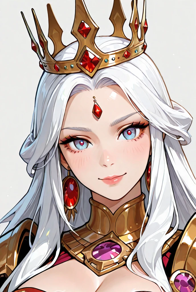 (masterpiece, best quality) 1girlsolo (the empress:1.15) platinum blonde, long hair (red cape) curtain, armored dress, queen dress, aurora (sunshine, sky, river, forest) expressionless, red eyes, very long hair (art nouveau:1.2) alphonse mucha, tiara (face focus, upper body) sit (red throne:1.12) crossing legs, highly intricate details, realistic light, smile