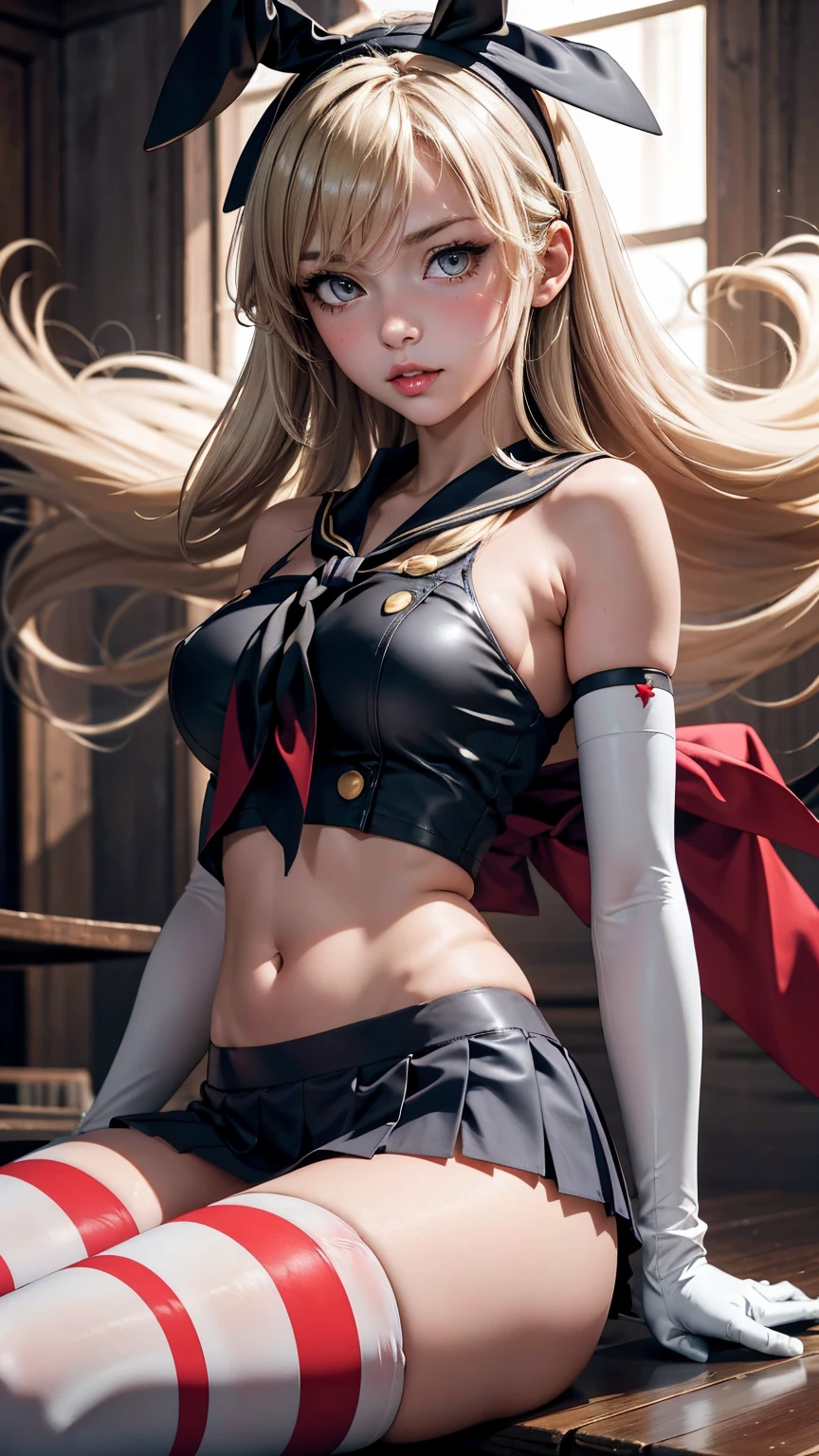 Sexy Spawn Long blonde hair and blue eyes, black hair band, white croptop, short sleeves, red cape, blue pencil skirt, red boots, white gloves