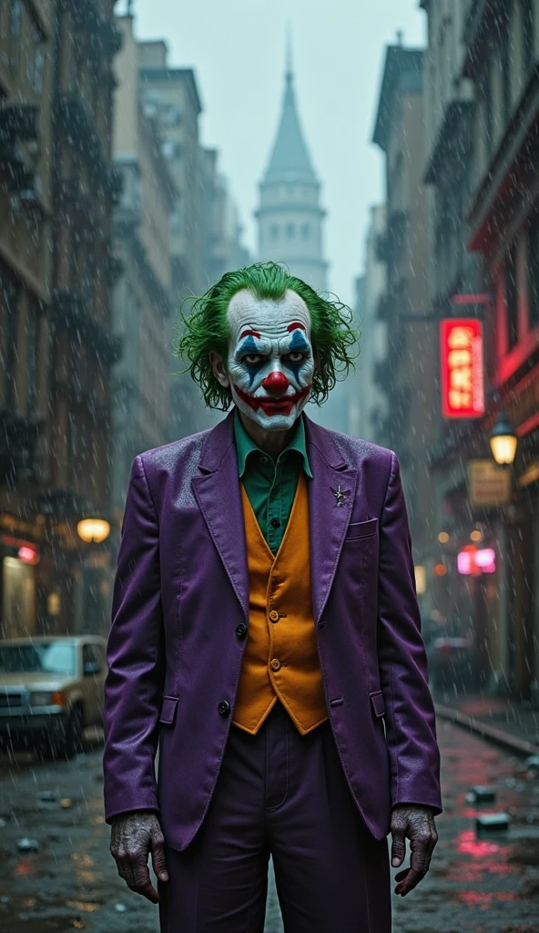 Joker in high quality and realistic style, in Gotham during a rainy night. He must be in a dramatic pose, with his manic smile and clown makeup highlighted. Capture the glow of city lights reflected in the puddles of water and the rain falling around you. The background should showcase the gloomy buildings and oppressive atmosphere of Gotham, enhancing the gloomy and chaotic mood