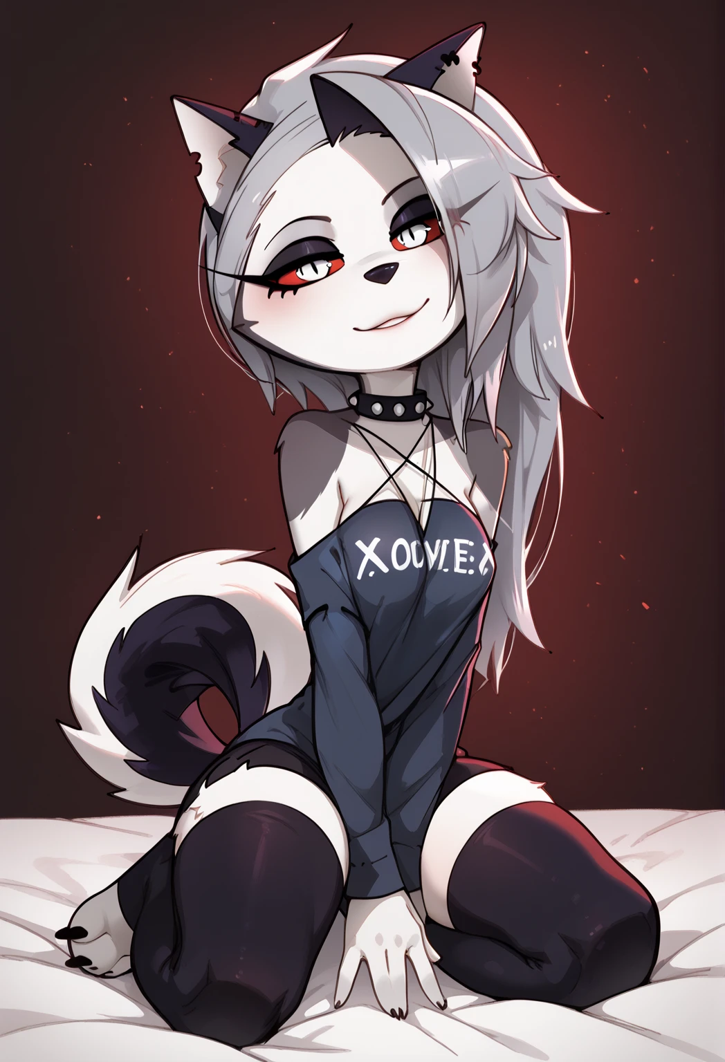 score_9, score_8_up, score_7_up, source_furry, rating_safe, magnaluna, loona posing seductively in a goth bedroom, anthro, blushing, (tail covering crotch:1.3),