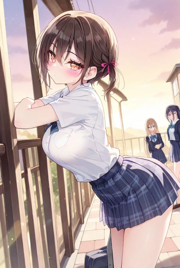Night Park、high school girl、In surprise、Shy look、、Large Breasts、Black bob hair、hairpin、Lift up the skirt、Pink string buns、Showing off panties、Onlookers near the girl、Angle from directly below、Shooting from behind、Back view、Ass