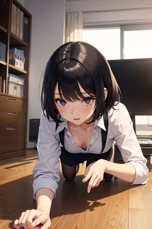 (work of art), アニメ, best qualityer, good anatomy, a girl, hinata hyuuga, blushed, ssmile, ashamed, naruto, eye white, lifelike face, shadowy face, sexy look, dark hair, shorth hair, Kale, big shiny skin, begging, hands together, gesture of begging, ,lingerie white, pantyhose, flegs, Lindas flegs, desk, sitting, desk chair ((sitting na desk chair)) ((flegs cruzadas)) fully body, imagem de fully body foto real, reflectors, 8K work of art, super detaill, film, best qualityer, best details, face detailed, detailedeyes, (below 1.1)