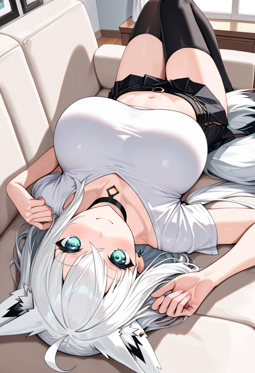 1 girl, top-quality, masterpiece, 超A high resolution, (Photorealsitic:1.4), long silver hair, red eyes with slit pupils, ((super realistic details)),bunny girl, bunny suit, fishnet leggings, sexy, perfect body, lying top of bed, bedroom, wet, drenched, nipple perked out from under bikini, nipple see through bra, embarrassed,