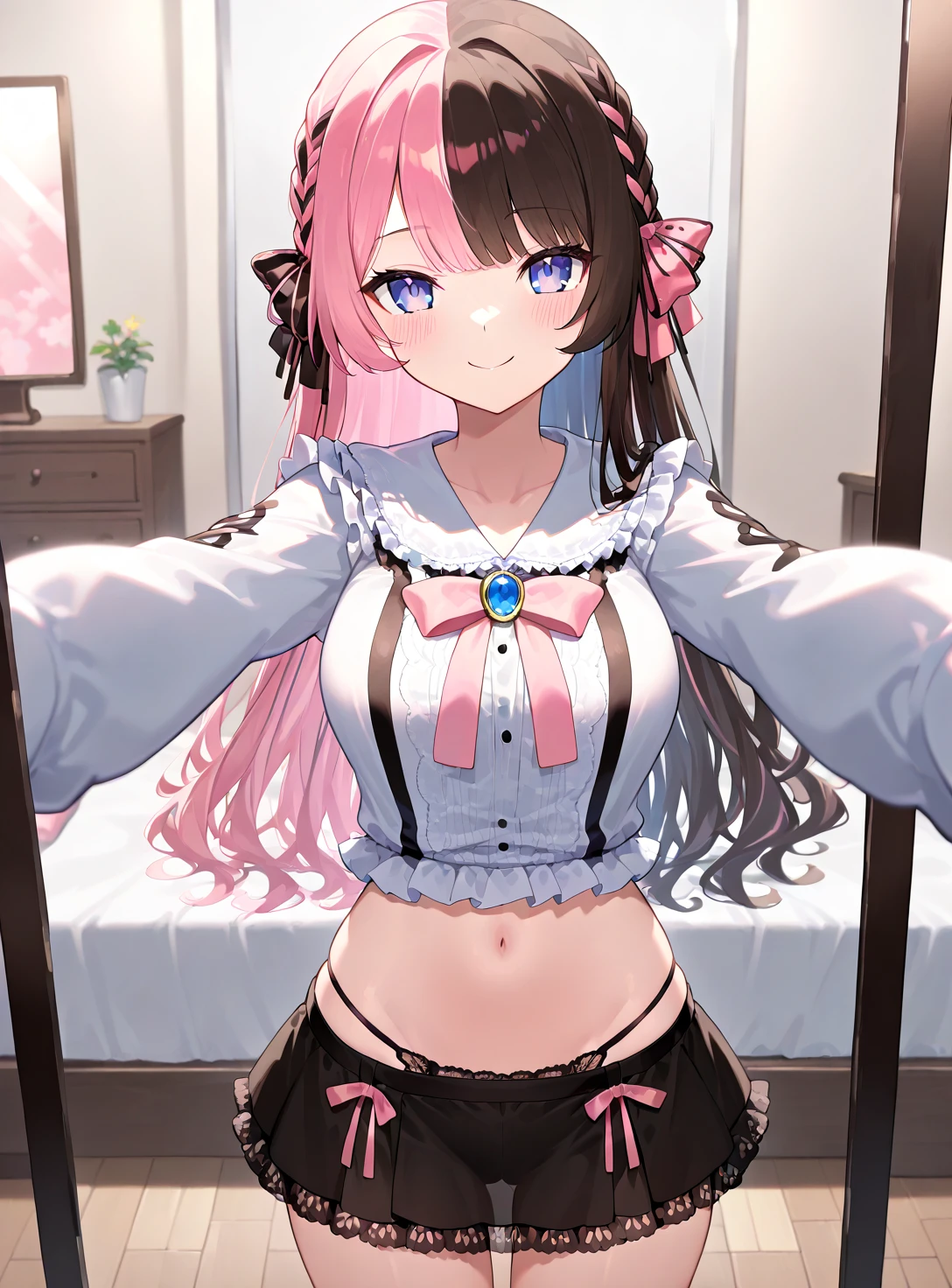 (masterpiece、Highest quality、Super detailed)、((One girl))、((Pink Hair))、((Twin tails))、((Light blue eyes))、evil smile、Earrings、((Very large breasts))、((black bra))、((black panties))、((see-through))、turn around、Turning your butt off、Shoot from behind、Cowboy Shot、Bedroom Background