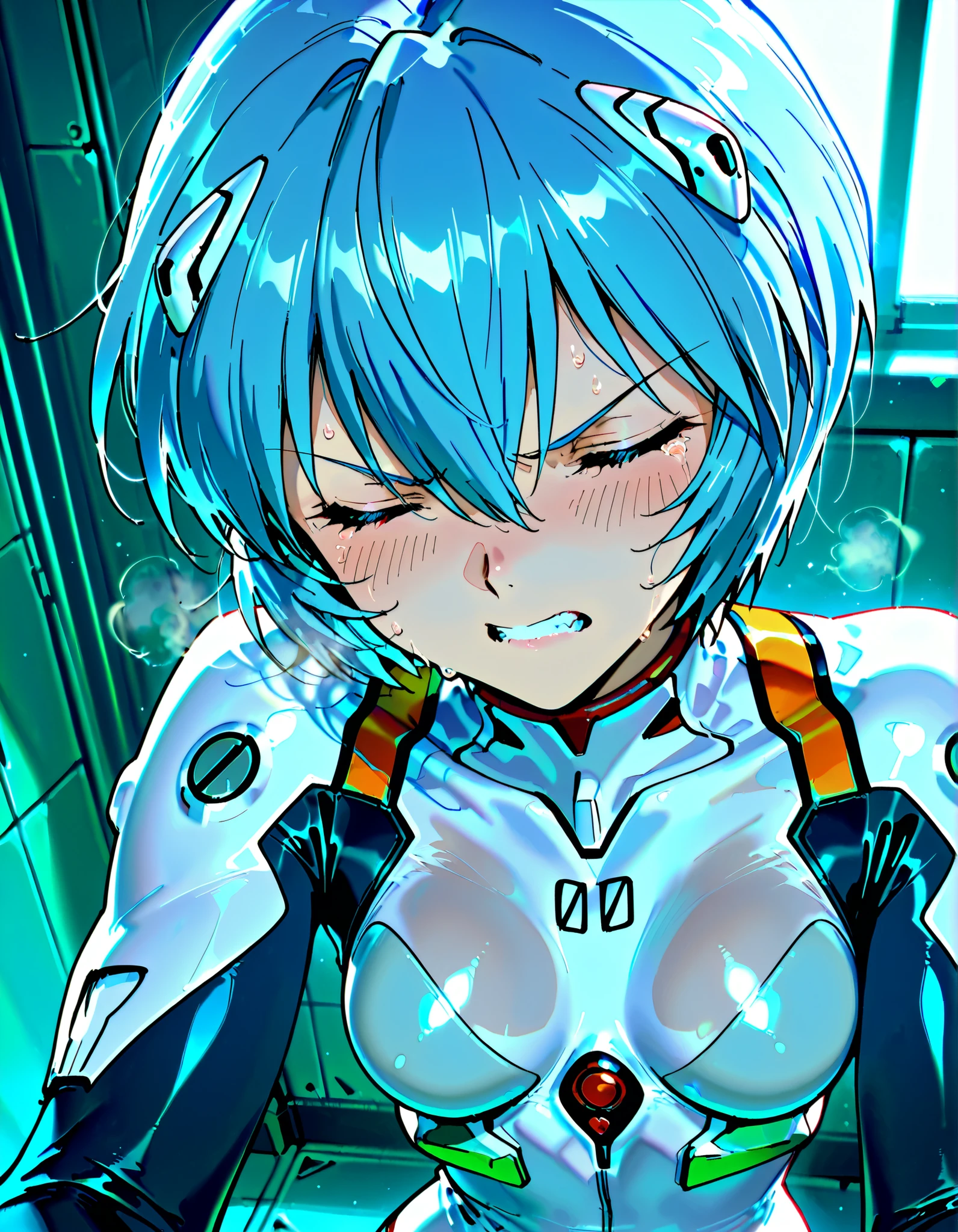 One person, orgasm, futanari, fellatio, One Girl,(Bukkake), Ayanami Rei, alone, massive female , (Ahegao:1.4), Red eyes, Plug Suit, short hair, Blue Hair, chest, Bodysuits, White Background, white Bodysuits, Simple Background, Interface Headset, bangs, Mouth closed, Hair between the eyes, 大きなchest, medium quality, slow, (nsfw:1)