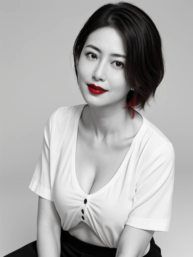 NSFW, ((highest quality)), ((8K)), ((masterpiece:1.3)), (perfect look), (photorealism:1.6), (TI, JMA), (walking woman), (Japanese woman shopping), (A shopping mall where many people go), clear background, (grayscale: 1.6), japanese woman, 47 years old, ((Realistic skin texture)), (Fine wrinkles throughout the skin), (Dull skin), (Skin without moisture) , (Wrinkles on the face:), (Wrinkles on the corners of the eyes), Double eyelids, tear bags on the lower eyelids, (Crying moles), The eyes are looking here, serious gaze, (Dimples), (short bangs), short hair, Long hair with curls at the tips, (hair falls over ears), smiling with the corners of the mouth raised, soft fabric blouse, wide sleeves, Cuffs that fit your wrist, long skirt, barefoot, hair fluttering in the wind, small breasts, BREAK(bright red lips: 1.6),BREAK (whole body: 1.4), Angle from feet: 1.4,
