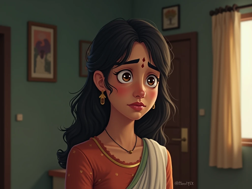 An indian woman, aged 30, in a blue saree, with left sided front bangs haircut. The bangs are asymmetrical and not even and ackward. She is explaining her unhappy haircut experience to her husband.