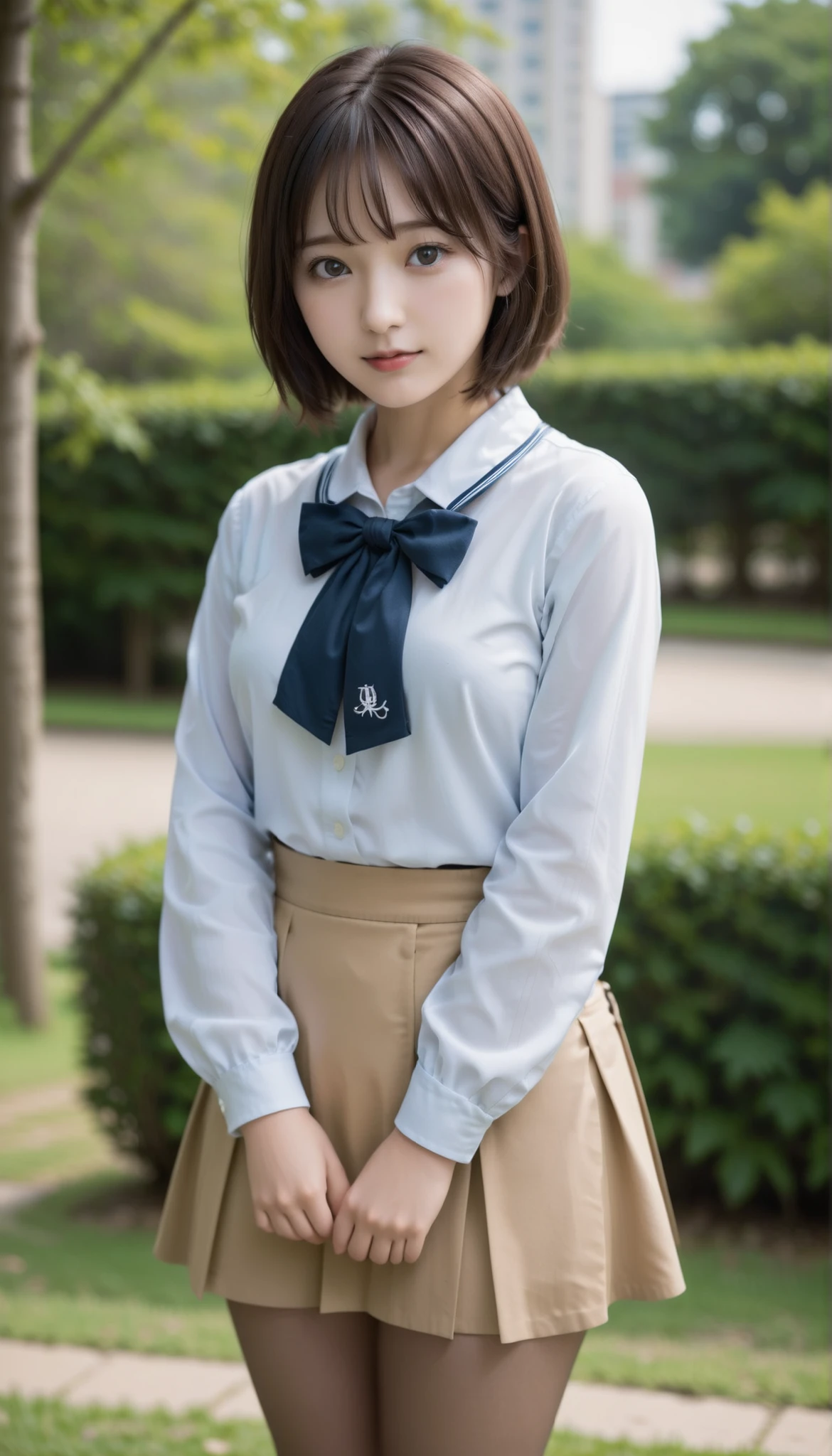 score_9, score_8_up, score_7_up, score_6_up, Source_ 1girl, solo, PMMly, dark haired, brown eyes, short hair, hair bow, white bow , Light Blue Shirts, sailor color, neckerchief, Burberry Check Skirts, Pleated Skirt, black knee high socks,Brown Loafers,is watching you, Big breasts, Green Park,Before spraying,blue sky,