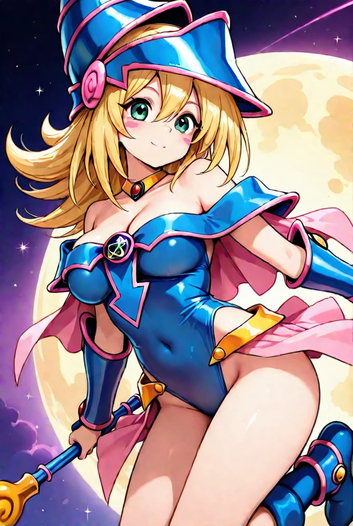 、moon、Starry Sky、firework、Ocean、Sandy Beach、(Realistic Shadows)Straight、Dark Magician Girl、No bra、No underwear、?????、Medium chest、Stylish pose、smile、Good wink(Drunk:1.2)Head tilted skinny 、Slim waist、 Cowgirl