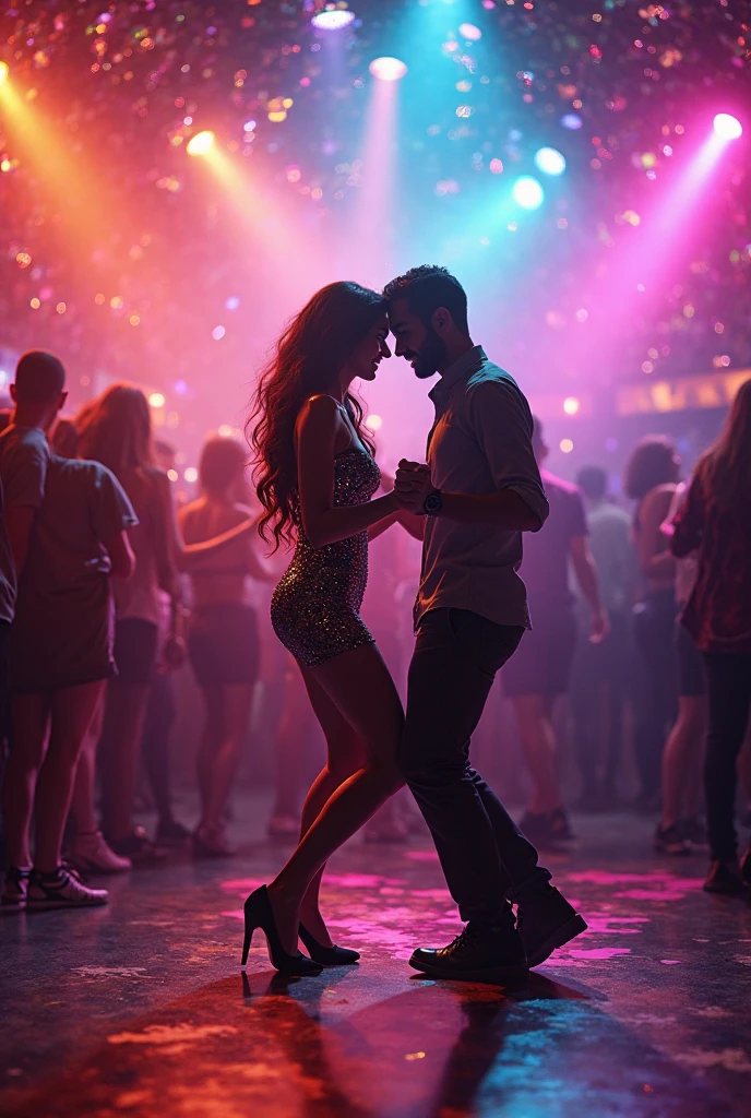 Woman 30 years dancing with a man in the club. Rave, neon clothing, Denim pants
