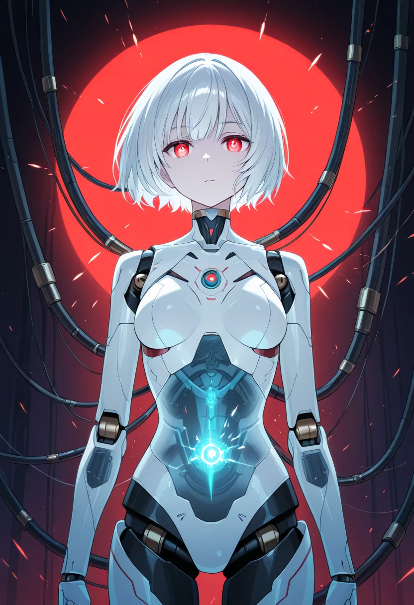 (best quality:1.2),1 girl,alone,permanent_,Ayanami Rei,white jumpsuit,Red eyes,pilot suit,short hair,blue hair,Bangs,interface headphone,turtleneck sweater,hair between eyes,Pixelated background,neon lights,sci-fi color scheme,bright colors,metallic feel,Detailed shadows,holographic interface,dark atmosphere,high contrast,sharp focus,strands of hair,Reflective surface,Exquisite details,high resolution,studio lighting,Red embellishment,lighting environment,Artificial Intelligence Assistant