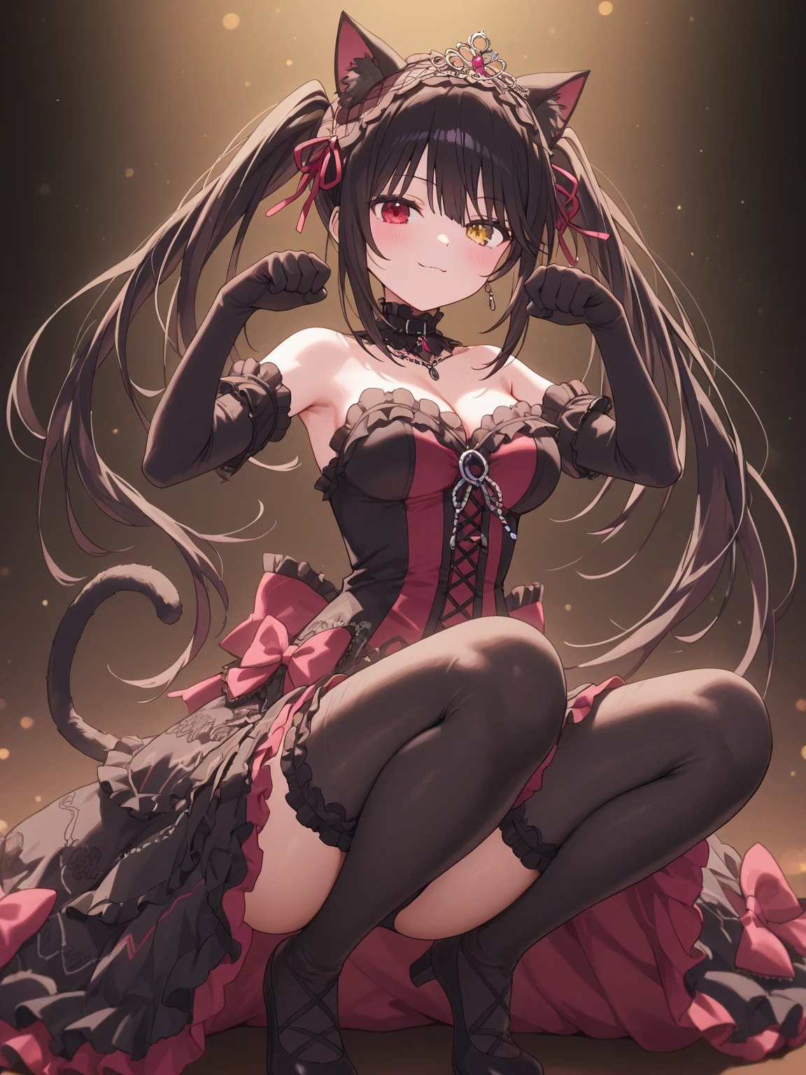((best quality)), ((masterpiece)), (detailed), ((highres)), In lavish manor library,  extremely long black hair. Fluffy black cat ears. Long black cat tail on butt, 1catgirl, 20 year old, curvy body, dominant pose, snickering, naked. Heterochromatic eyes, one red eye, one gold eye. No shoes, black fishnets, nude, no clothes, anime, short, provocative 
