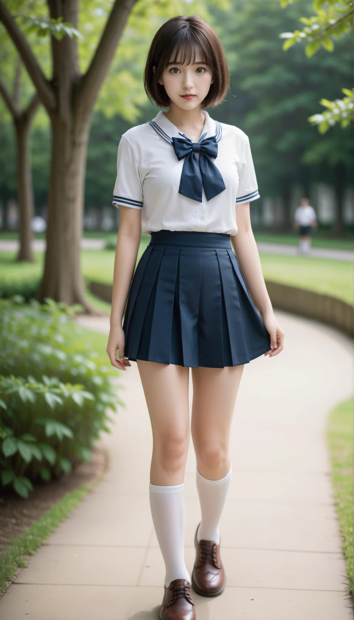 (masterpiece, highest quality:1.4), award-winning portraits, 8K, 85mm, alone, beautiful face, delicate girl, , (dark navy blazer jacket), dark navy skirt, long sleeve, violaces, gardenia, grace, Sophisticated, cute, teen, looking at the viewer, 15 years old, Raw photo, disorganized, HDR, sharp focus, A bow tie, background bokeh、(((flat 、thin and delicate body、A childish atmosphere)))、Her shiny semi-long hair is tied up、hair swaying in the wind、Mole on the left cheek、large, round, dark blue eyes、full body、random pose、Run、sprinting、Skirt fluttering in the wind、Junior idol、Nogizaka Idol、widening skirt、jump、mole under eye、sexy、