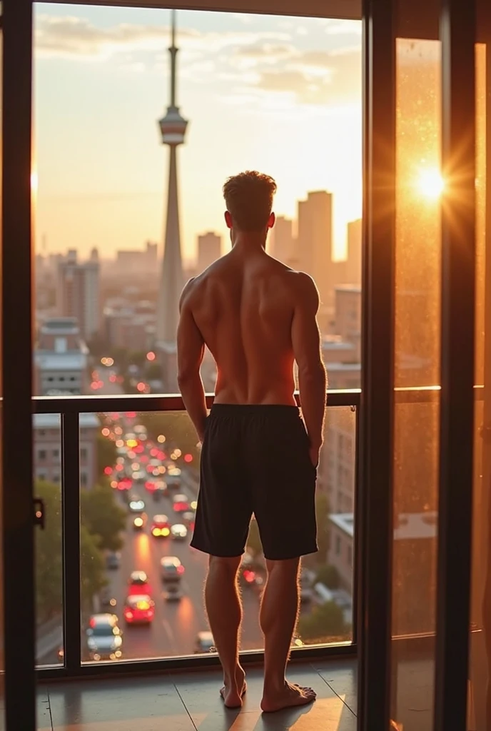 A man in his underwear looking at the view from his apartment window.