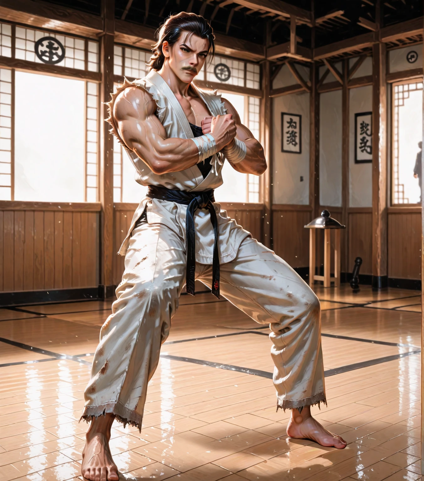 anime satoru gojo on his knees tied up with ropes while looking up