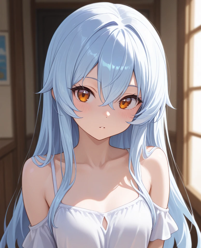 moody lighting, cute girl, (platinum blue hair), ((very long hair)), perfect face, innocent smile, (red eyes), (naked), (petite), (slender), ((flat chest)), ((18 years old)), skindentation, extreme detail, attractive oval face, black lipstick, pink nipples, glossy skin, detailed hair, face focus, close-up chest, gold ornamental necklace, earrings, (1 girl), blush, embarrassed expression,