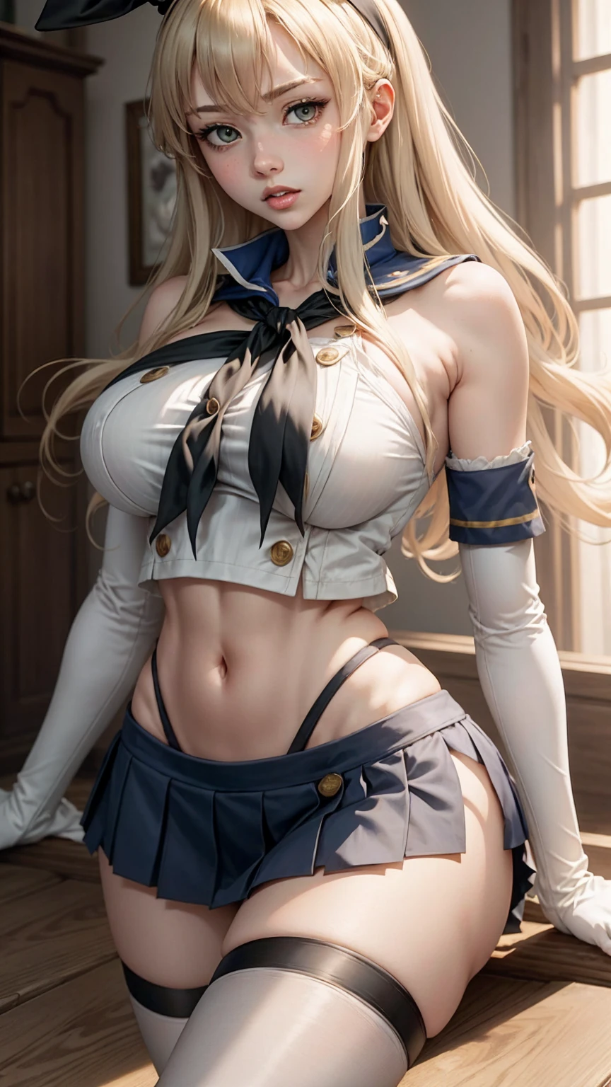 (masterpiece, best quality:1.2),illustration,8k,hd,1girl,solo,upper body,(portrait:1.2),long_hair,blonde_hair,elbow_gloves,underwear,striped_thighhighs,white_gloves,smile,navel,yellow eyes,highleg_panties,black_panties,anchor_hair_ornament,highleg,blush,school_uniform,crop_top,sailor_collar,hairband,hair_ornament,serafuku,miniskirt,pleated_skirt,blue_skirt,sleeveless,bare_shoulders,hair_between_eyes,grey_footwear,microskirt,midriff,neckerchief,collarbone,smug, small waist, slim waist, fit body, fit legs, toned legs, toned arms, fit arms, fit midriff, toned midriff, large breasts, huge breasts, giant breasts, muscular midrif, muscular arms, black panties, sixpack, cleavage, huge breasts, huge chest