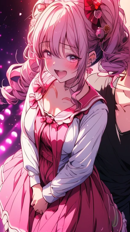 ((two anime idol girls)), on stage after a successful concert, 
one girl standing with teary joyful smile, 
((another girl hugging her tightly )), 
((groping her  )), 
((emotional moment)), concert lights, confetti falling, 
colorful frilly idol dresses, masterpiece, ultra-detailed, full body, anime style

