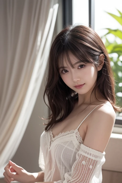 (logo, masterpiece, 8K, Tabletop, RAW Photos, wonderful, 最high quality, Photorealistic and very detailed CG composite 8k wallpaper, high quality, Very detailed, Narrative poem, Particle Effects, Dynamic Effects, Depth of the Boundary, Cinematic Light, Lens flare, Ray Tracing), short hair beautiful young woman, Hair tied back, high detail skin, very fine, fine skin texture, beautiful face, realistic eyes, beautifully detailed eyes, realistic skin, beautiful skin, surreal, smiling eyes, Hair and light eyes, Vibrant, Colorful lights and bokeh. The lighting casts a warm glow on her face and hair, Blue glow, Water surface reflection, Creates a dreamy and magical atmosphere, Big Breasts, Brown Hair, short hair, plump lower lip, pink blush on the cheeks , pink lips, brown tight no-shoulder knit sweater