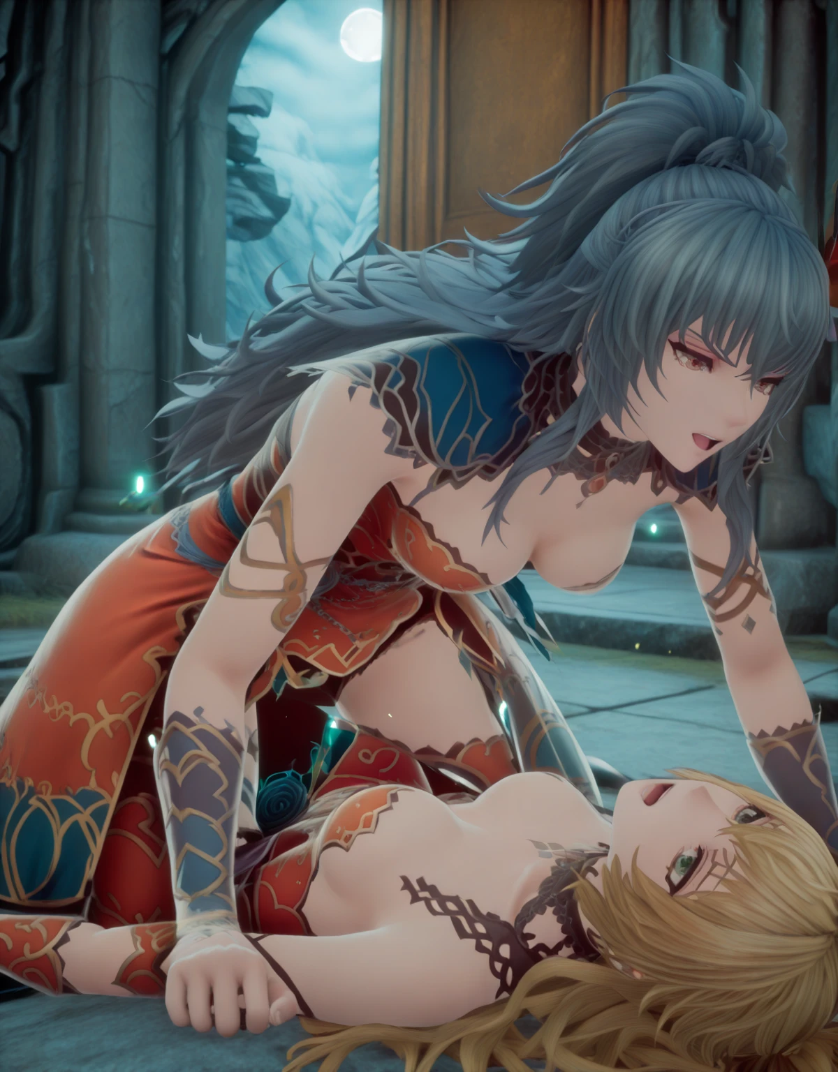 anime scene, 2 girls kissing (lesbian kissing), princess Zelda, hugging, touching each other, big breasts, big butt, revealing blue dress, on water, cityscape view, evening,sunset,