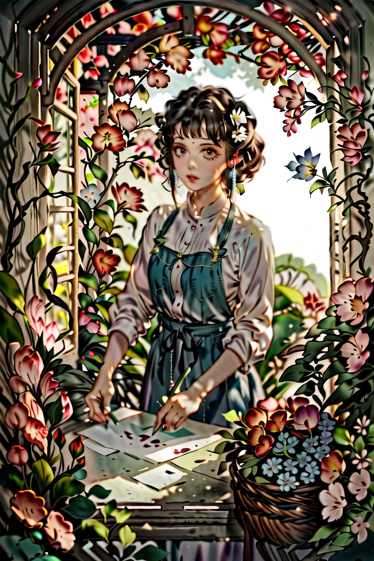 Teacher's Day poster illustration content pack: Gentle and lovely teacher holding flowers、There are streamers in the air、Drawing tools on the back、The style is crayon illustration style