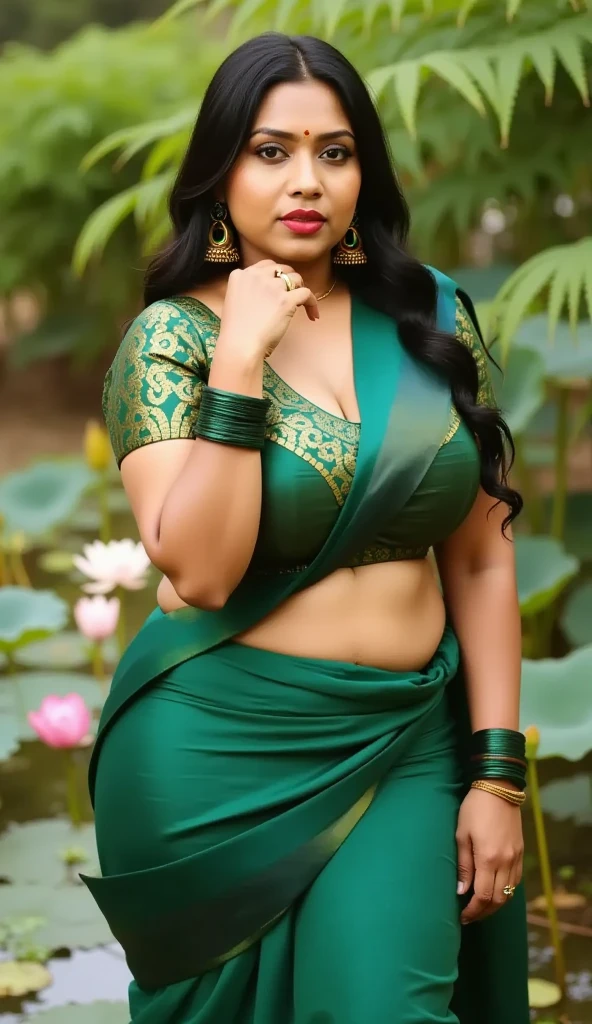 Reshma Pasupuleti Sultry Plus size exhibitionist amorous lady with huge breasts The image shows a woman wearing a traditional saree. The saree has a light pink base color with a floral pattern that includes pink and green hues. The saree is paired with a red blouse that has a round neckline and short sleeves. The woman has her hair styled in a bun, and she is wearing earrings. She is also wearing a bracelet on her left wrist. The background is a natural outdoor setting with green foliage. There is no visible text in the imag
