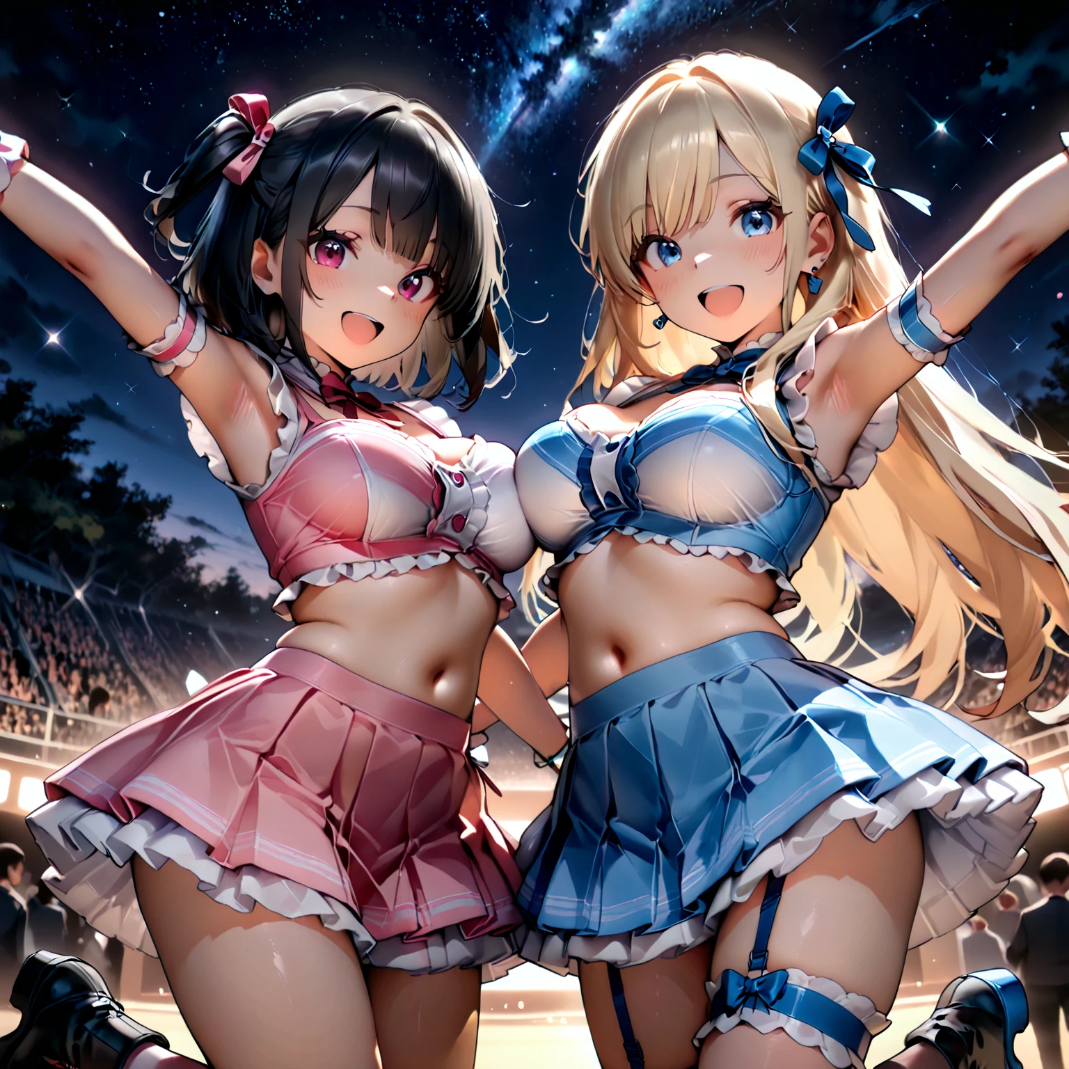 (masterpiece:1.2), (highest quality:1.2),, Curvy but slender body, Perfect Eyes, Perfect Face, Perfect lighting, 2 girls, ,At a live venue,(Standing position),(Yellow frilly outfit),(whole bodyのショット),(Long Hair),(Cute Smile),Curly Hair, ( become erect:2Detailed outdoor background, Compensate, eye shadow, Thick eyelashes, Cute gestures, Watching the audience, whole body、blue sky、Bright and beautiful face、Young shiny glossy white glossy skin、The ultimate beauty、The most beautiful light blonde hair in the world、Thin Hair、short hair、Shiny beautiful bangature woman、Very beautiful and lovely 18 year old, The most beautiful idol in the world、Medium chest,ponytail,Distant position,Off the shoulder