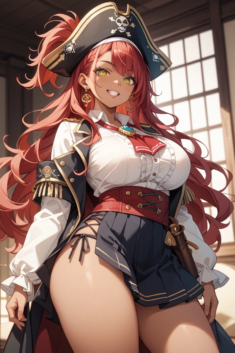 masterpiece, best quality, perfect lighting, 1girl, huge breasts, Francis Drake, long pink hair, scar, blue eyes, mature woman, fdstg1, cleavage, long hair, pink hair, red coat, white pants, thigh boots, high heels, cloudy, rain, wind, cowboy shot, pirate ship, wind, grin, <lora:FrancisDrakeFGO:0.8>