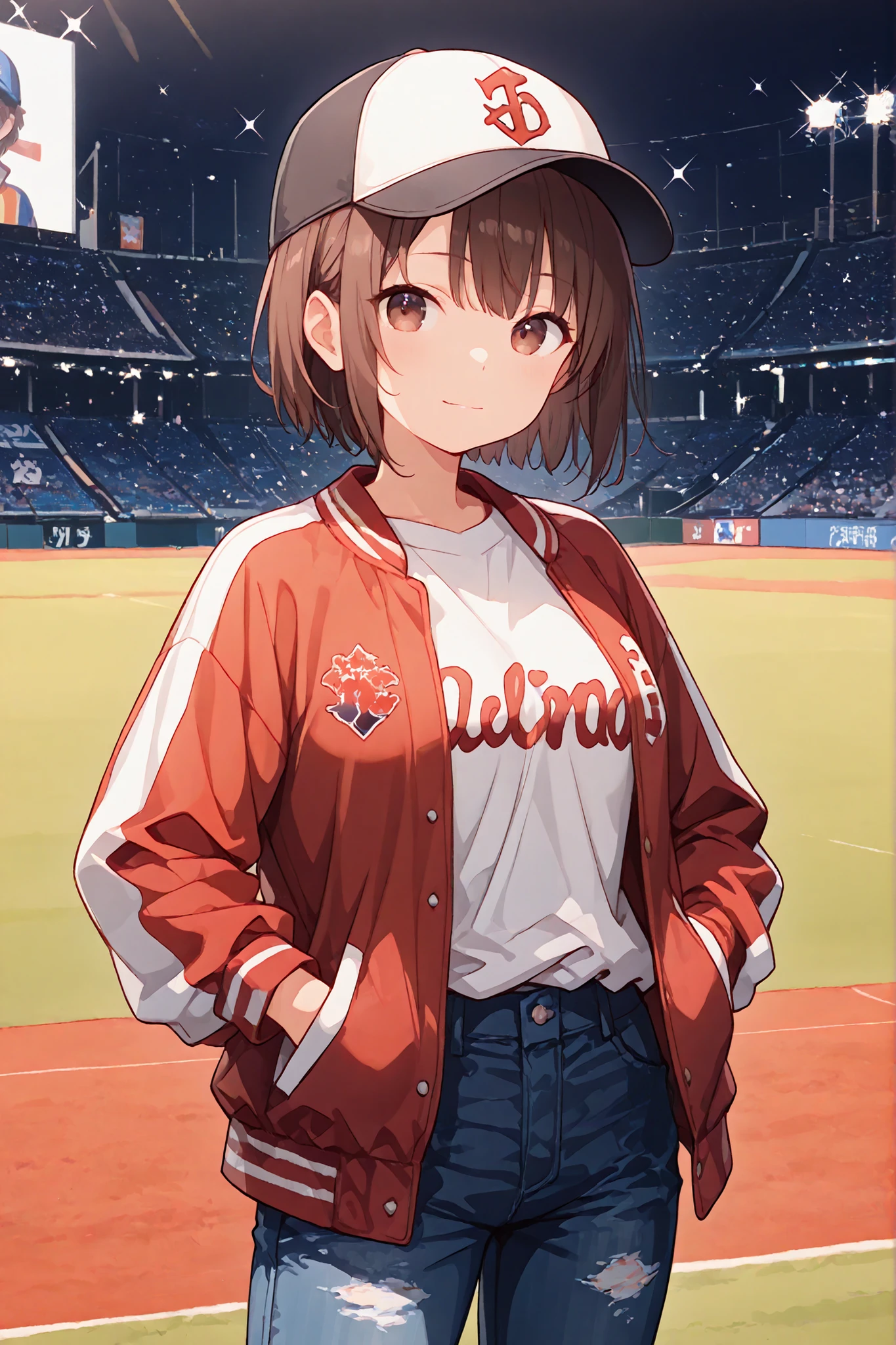 (((Best quality, 8k, Masterpiece: 1.3)), ((best quality)), ((masterpiece)), (detailed), perfect face, detailed face. detailed eyes, ray tracing, sparkle, high resolution, Textured skin, Baseball cap, stadium jacket, white T-shirt, denim pants, Brown short hair, Baseball fan woman, Baseball stadium, Her left hand was in the pocket of her stadium jacket. Her right hand is pinching the brim of her baseball cap