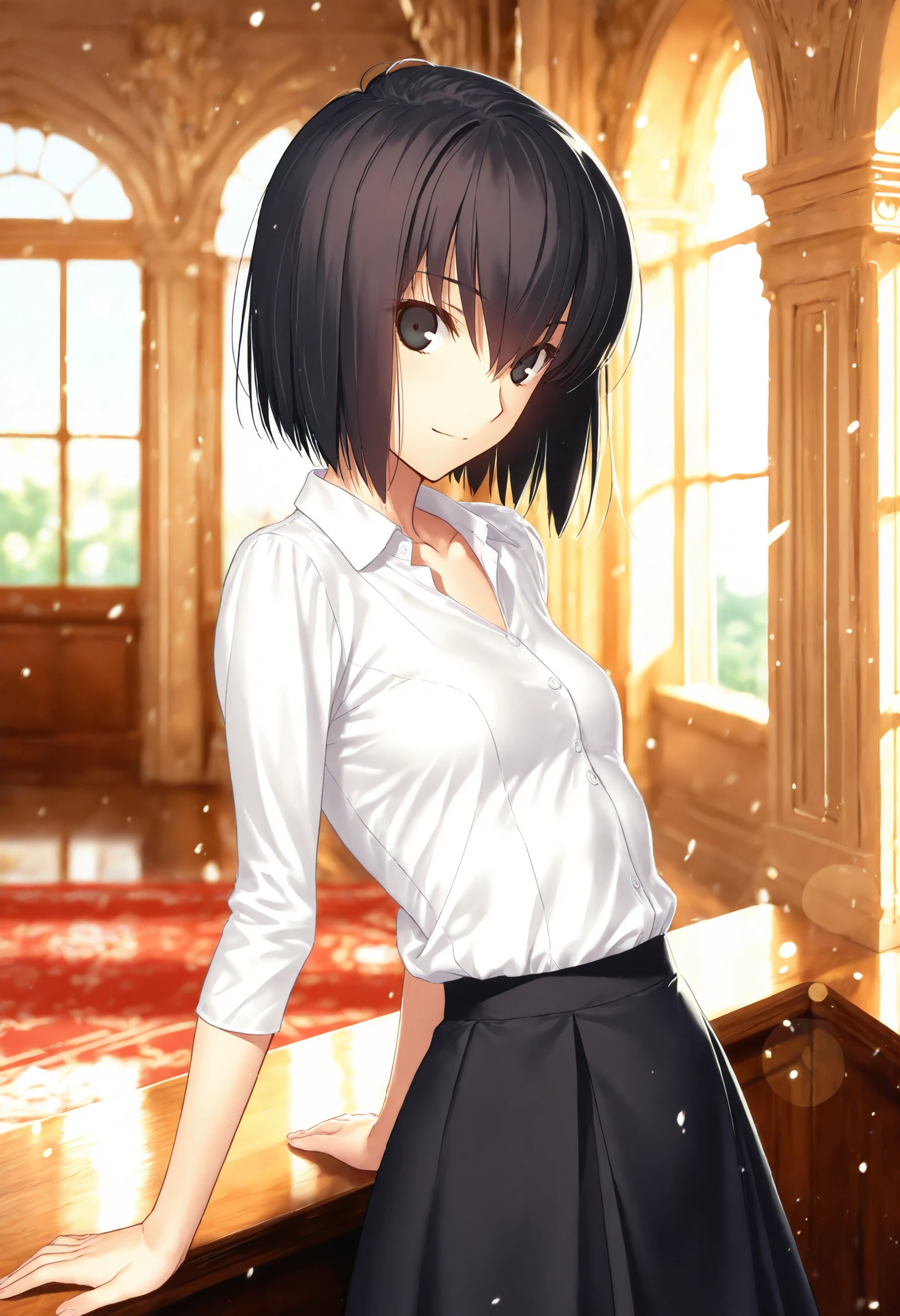 masterpiece, , absurdres, highres, detailed background, high resolution, masterpiece, necessary, detail, best quality, quality, necessary, details, High details, Precise, indoors ,(mansion, colorful light particles, powder light,),day lens flare, blurry background, from side, ,
1girl, (type-moon,) style, koyama hirokazu style, on wall, leaning back,
tall girl, mature, 1girl ,solo ,kuonji alice ,black hair ,short hair ,hair between eyes ,black eyes, , Alice_, (white undershirt, collared undershirt), collarbone, knit, black skirt, , looking at viewer ,small breasts, light smile,