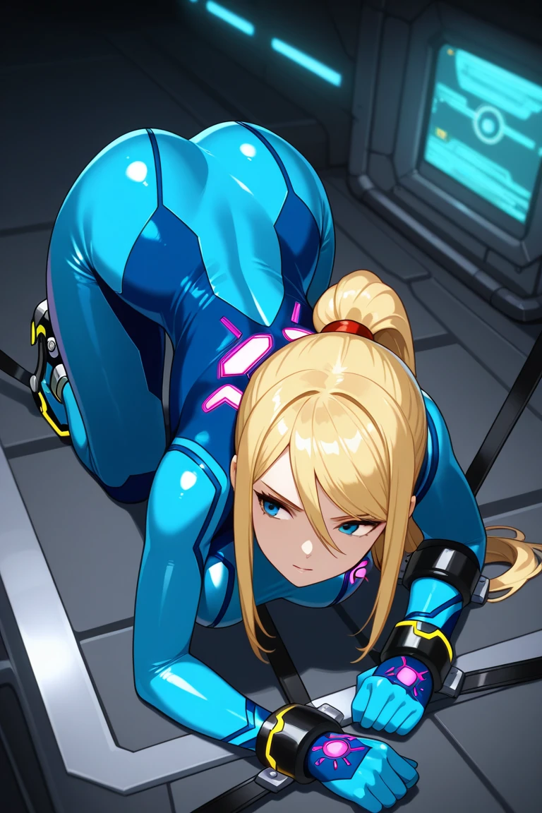 masterpiece, Highest quality, 1 person,( Large Breasts,Are standing, View your viewers,),Detailed Background、A person who writes in detail、Accurate human body、Knowledgeable person、Accurate 5 fingers,Mature Woman,Thighsが太い,Curvy Body,Cyclone \(Just once\),Thighs、alone,((All Samus, Blonde, Blue crop top, Blue Dolphin Shorts, Exposing shoulders, abdomen,)),((Absolute area)),flesh armor, 1boy, 1girl,((1girl is spread arms up, spread legs folded,completely nude,restrained arms,restrained legs)),chain,Height difference,(girl equip), girl is fold the legs restrained, (Girl Armor Restraint Crucifixion)