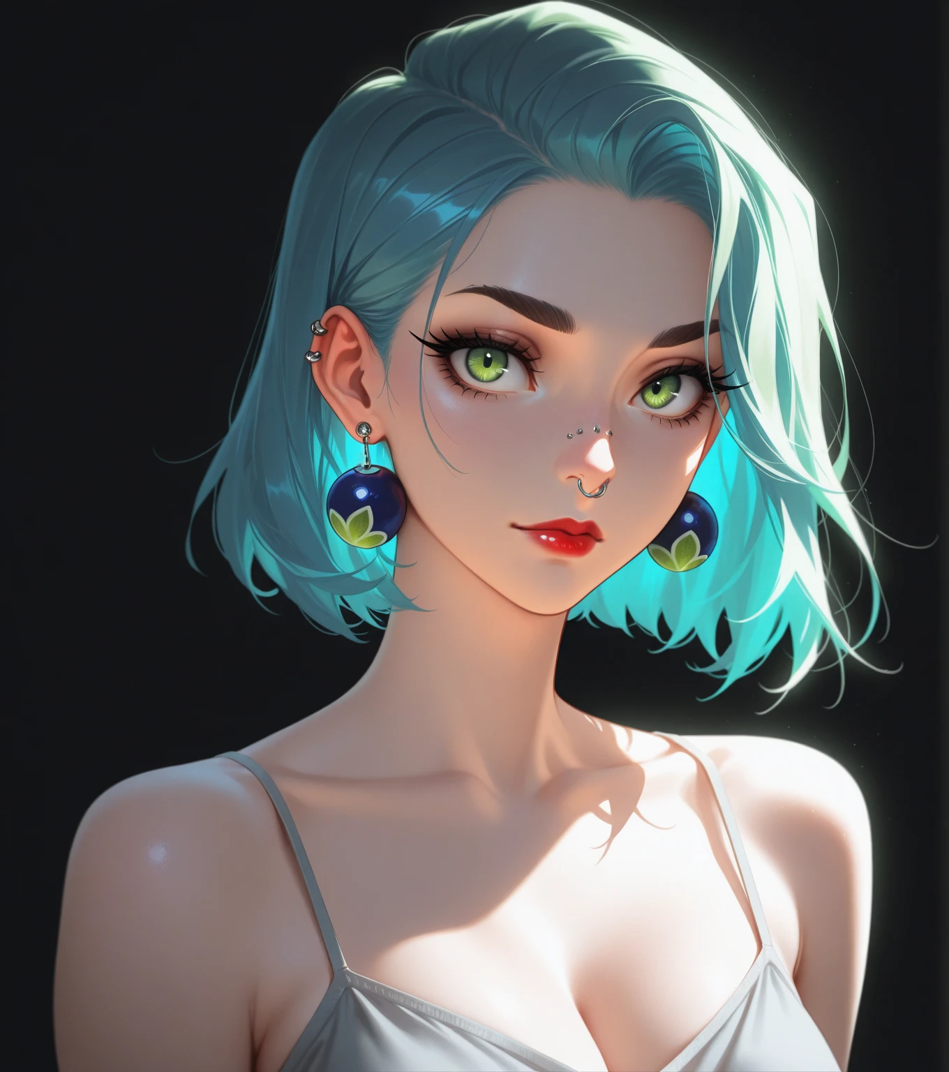 novel illustration of a girl, very long hair, (((teal hair))), (black hair:1.05), two_tone_hair, hair over one eye, red eyes, eyelid, face shadow, finely detailed, chinese dress, large breast, cleavage, solo, legendary, leaf swirling around the character, colorful refraction, disheveled hair, marvelous illustration, detailed splash, masterpiece, best quality, (magical:1.1), ray tracing, (face shadow), (intricate detailed:1.2), (ultra detailed:1.2), (detailed light), (colorful background), pose, foreshortening, light particles, visual effects,