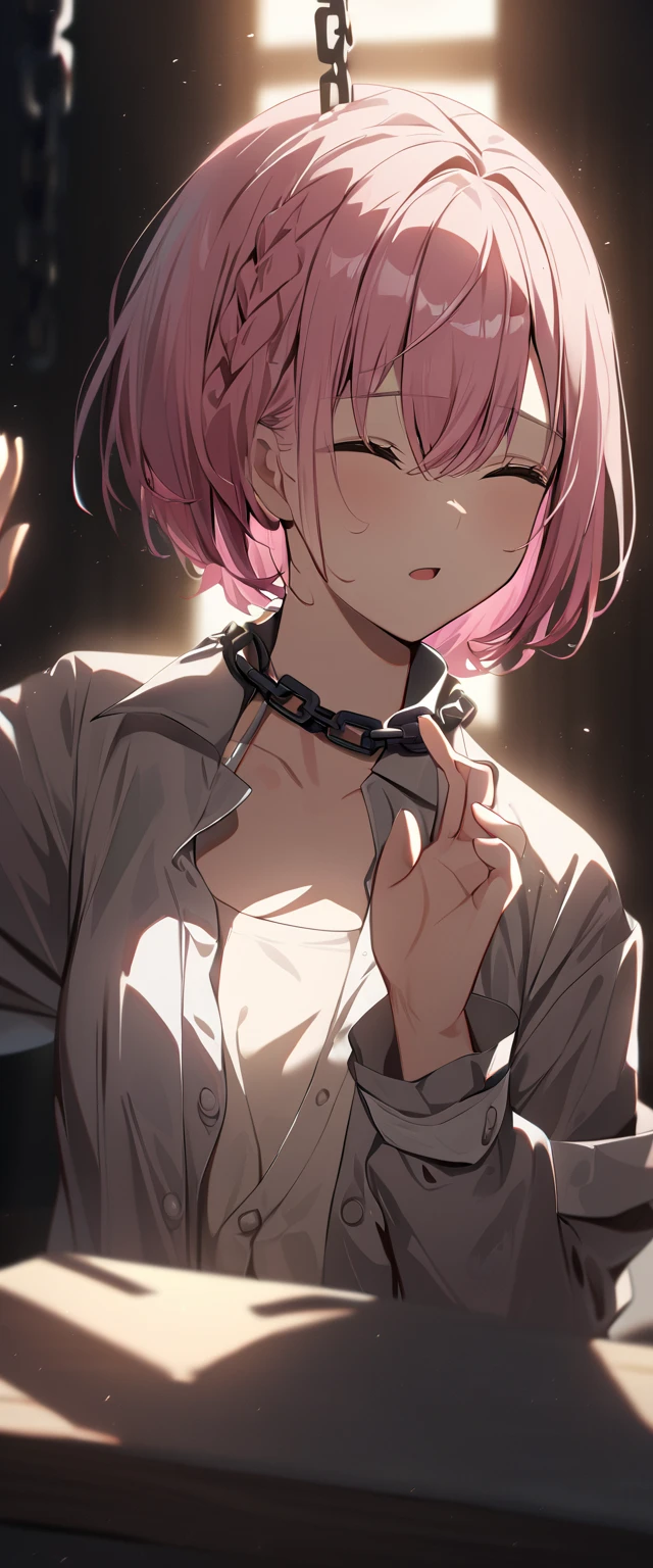 Slender body girl in yellow tight plug suit, pink short hair, masterpiece, white background, BRAKE (sweat:1.5), (steam:1.2), (masturbation:1.2), (girl trembling with sexual climax:1.1), (looking at viewer:1.3), (open mouth:1.2), (Chains that cling to the body: 1.2), (Collar: 1.3), (Bracelet: 1.3)