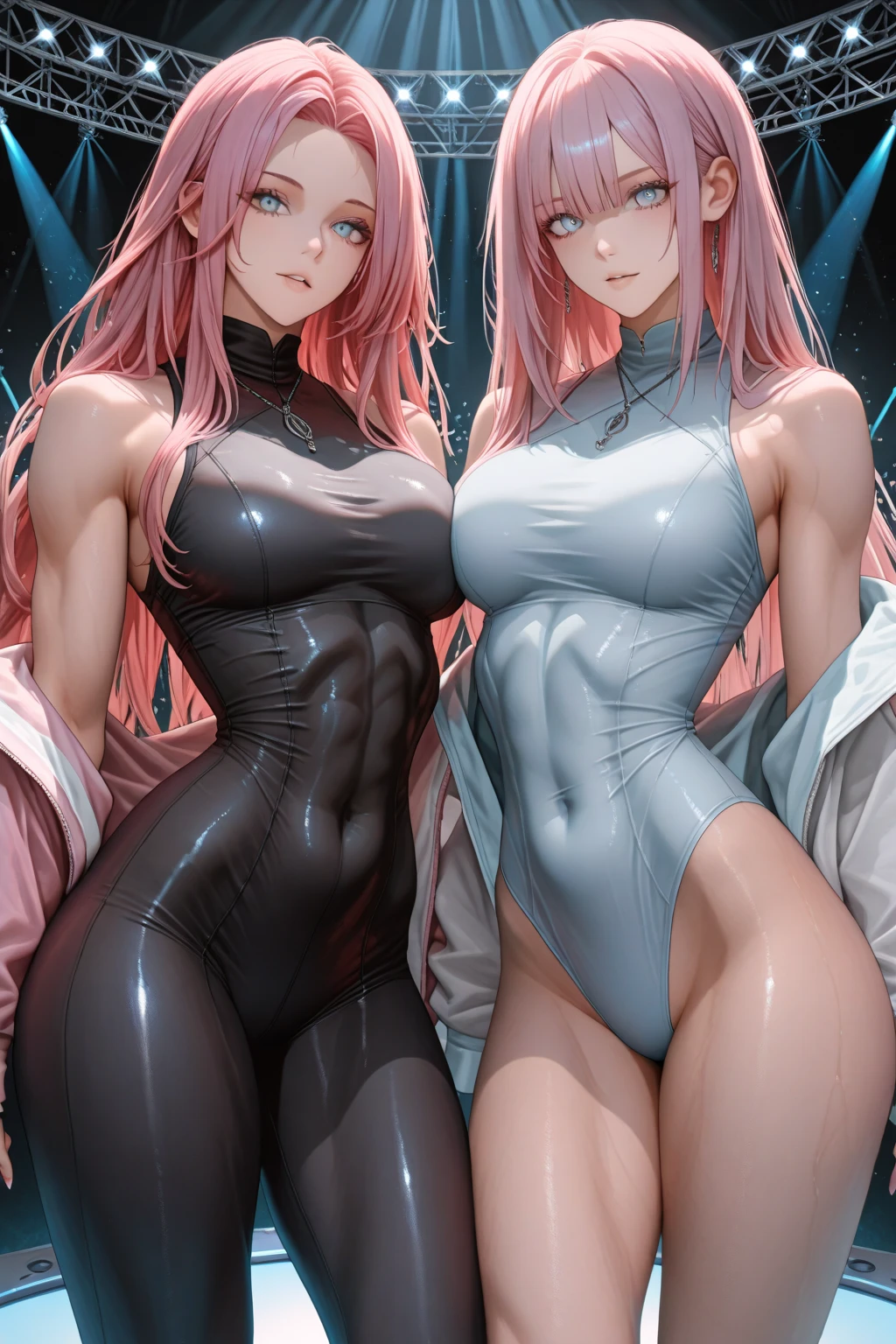 ((2 girls), solo, clevage, Big round perky breasts, lots of clevage, trendy, stylish, clevage, thighs, hips, realistic, pink hair, blonde hair, light green eyes, lip gloss, detailed face, amazing big eyes, eye details, big lips, eyebrow details, blush, naughty, mischevious face, HD, good quality, latex shorts clevage, laying down